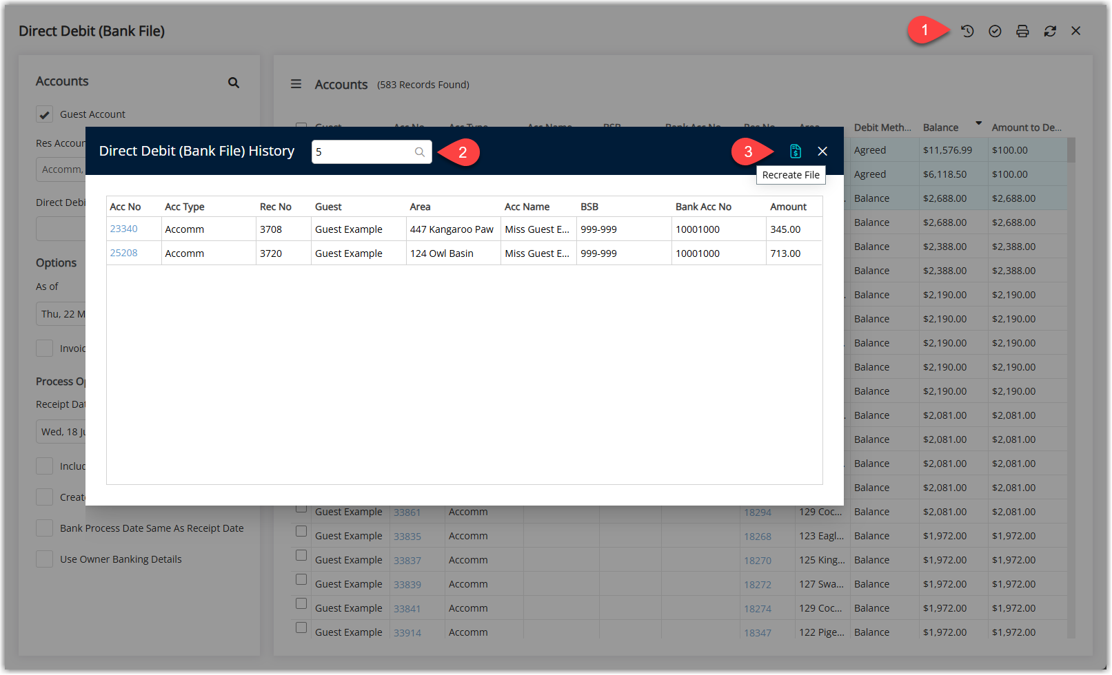 Direct Payments history screen in RMS showing a field to enter a previous bank file number and a Recreate File button to regenerate the direct debit bank file for that run.