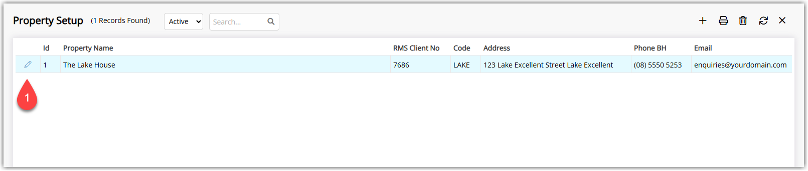 Screenshot of the RMS Property Information list showing multiple properties with the Edit option used to select a property for entering banking details.