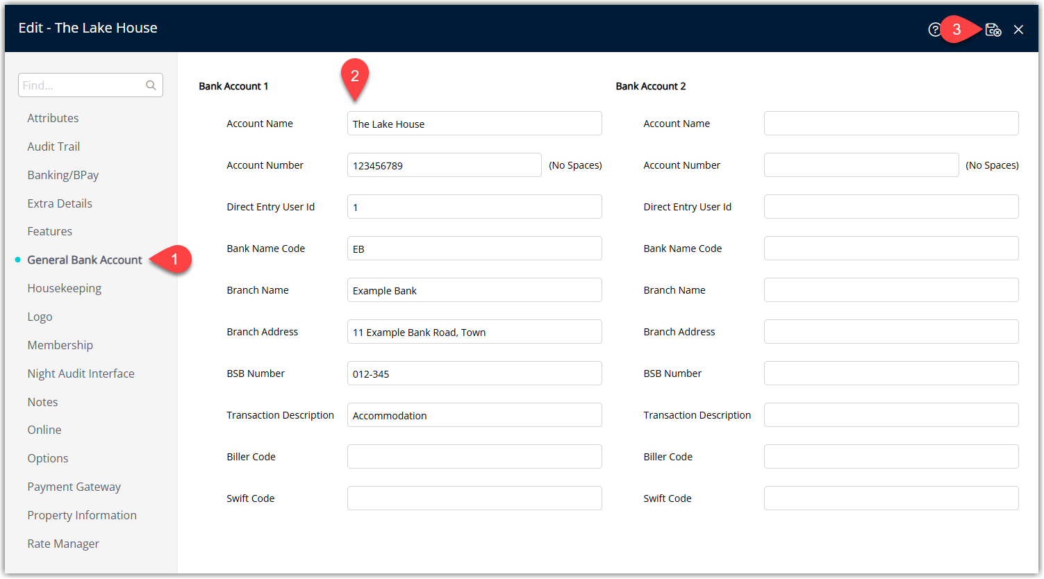 Screenshot of the Property Information window in RMS on the Banking Details tab showing fields to enter the property’s bank account name, BSB, account number and other payment details.