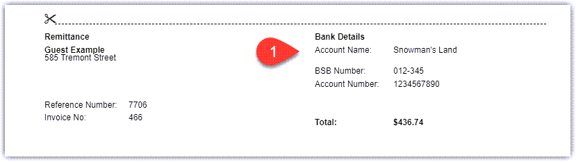 Screenshot of a remittance slip in RMS showing the tax invoice section including the property’s bank account details displayed for customer payments.