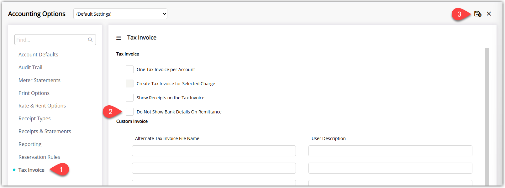 Screenshot of the Accounting Options in RMS highlighting the Do Not Show Bank Details on Remittance Slip setting used to hide banking information from printed remittance slips.