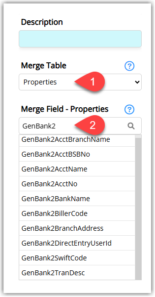 Screenshot of the merge fields window in RMS showing the Properties table expanded with the GenBank2 merge field selected for inserting property bank details into correspondence templates.