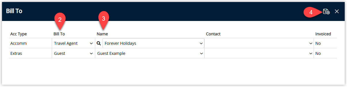 Screenshot of the Reservation Account Bill To window in RMS showing each Reservation Account Type with dropdowns for Bill To and Recipient, an optional Billing Contact field, and the Save/Exit button highlighted to apply the billing responsibility settings.