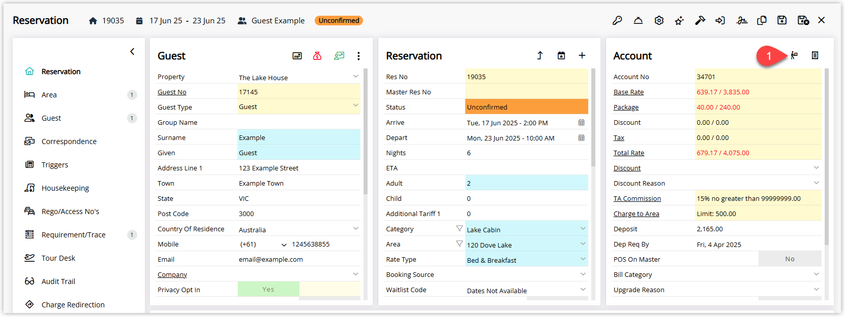 Screenshot of a reservation in RMS showing the Reservation Accounts section with the Bill To icon highlighted, used to open the Reservation Account Bill To settings for each account type.