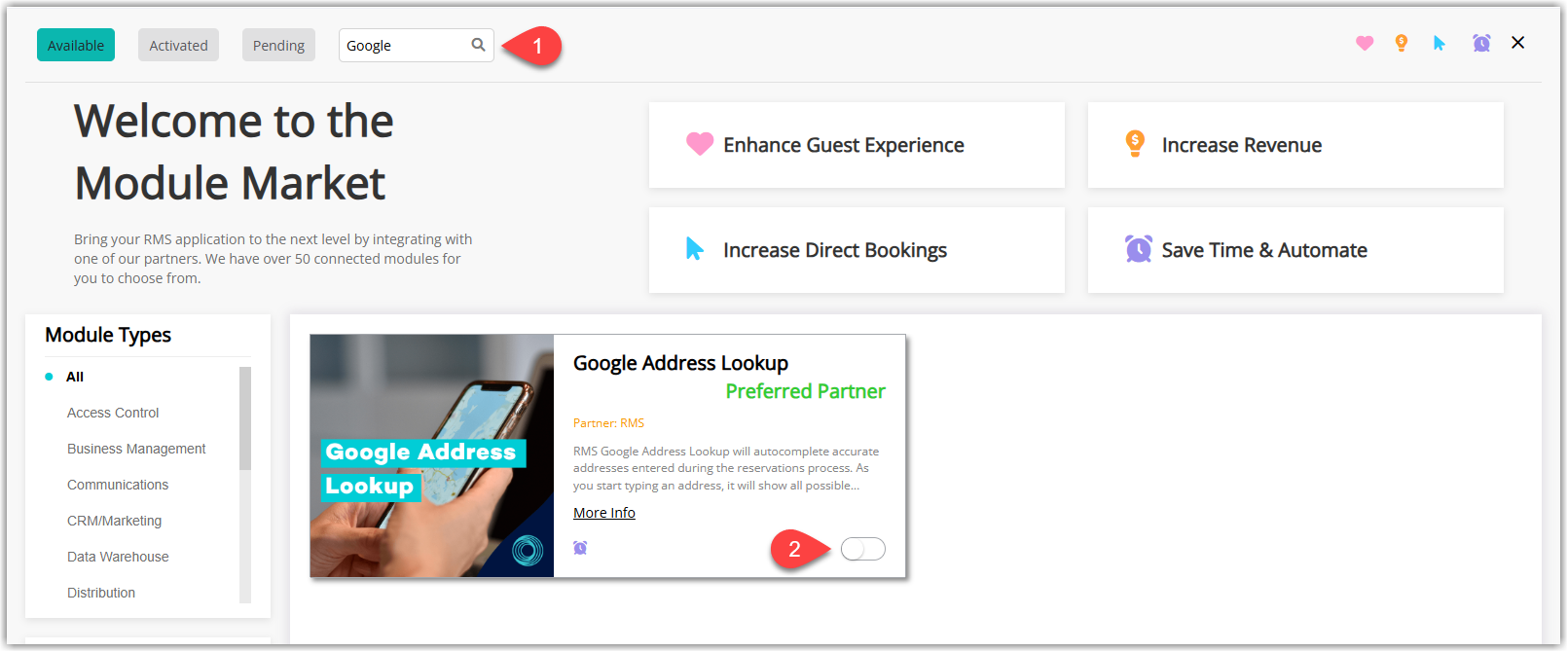 RMS Module Market screen showing search results for “Google”, with the ‘Google Address Lookup’ module listed and its activation toggle highlighted to indicate how to enable the module.