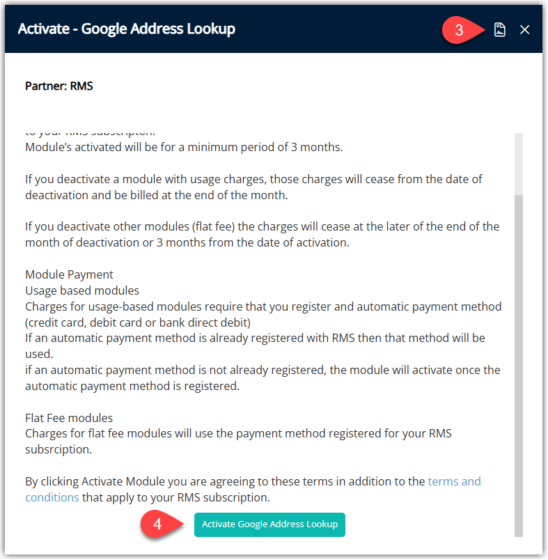 Google Address Lookup module details page in the RMS Module Market displaying the Terms & Conditions text and an ‘Activate’ button at the bottom, showing how to confirm activation of the module.