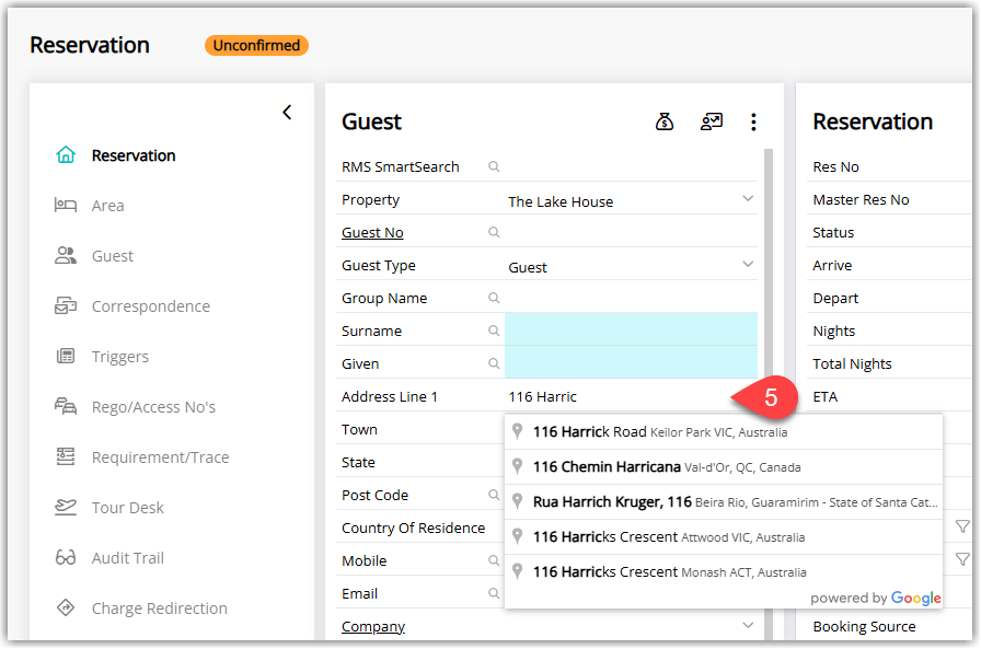 RMS screen with an Address field in focus and a Google Address Lookup drop-down list open beneath it, showing multiple matching address suggestions from Google Maps that can be selected to complete the address.