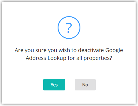 Confirmation dialog in RMS asking if you are sure you want to deactivate the Google Address Lookup module, with Yes and No buttons and Yes highlighted to proceed
