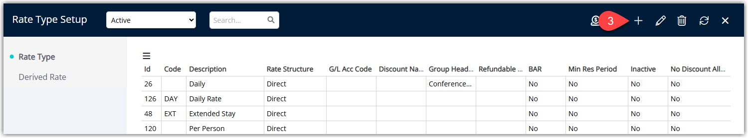 Rate Types list in RMS with the ‘Add’ option highlighted and an existing rate type available for selection, indicating how to create a new rate type or open an existing one for editing.