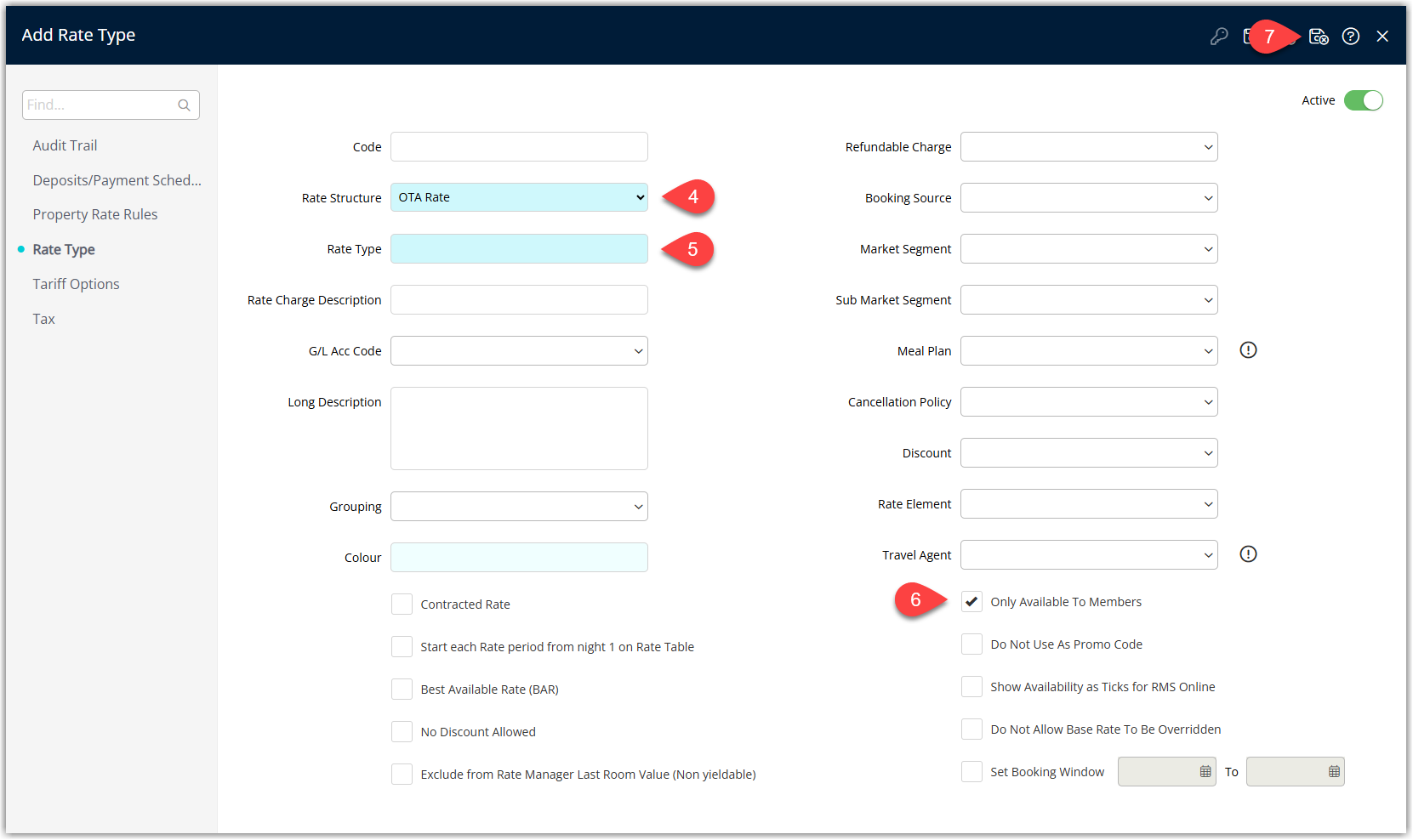 Rate Type setup screen in RMS showing fields for Rate Structure and Rate Type Description, with a checkbox labeled ‘Only Available to Members’ selected to restrict the rate to guests with a valid membership, and a Save/Exit button to apply the changes.