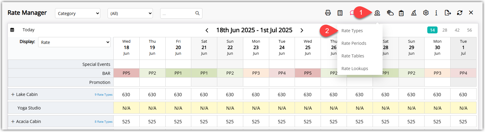 RMS Rate Manager screen with the ‘Rates’ menu expanded and ‘Rate Types’ selected, showing a list of existing rate types that can be edited or used as the basis for new member-only rates.