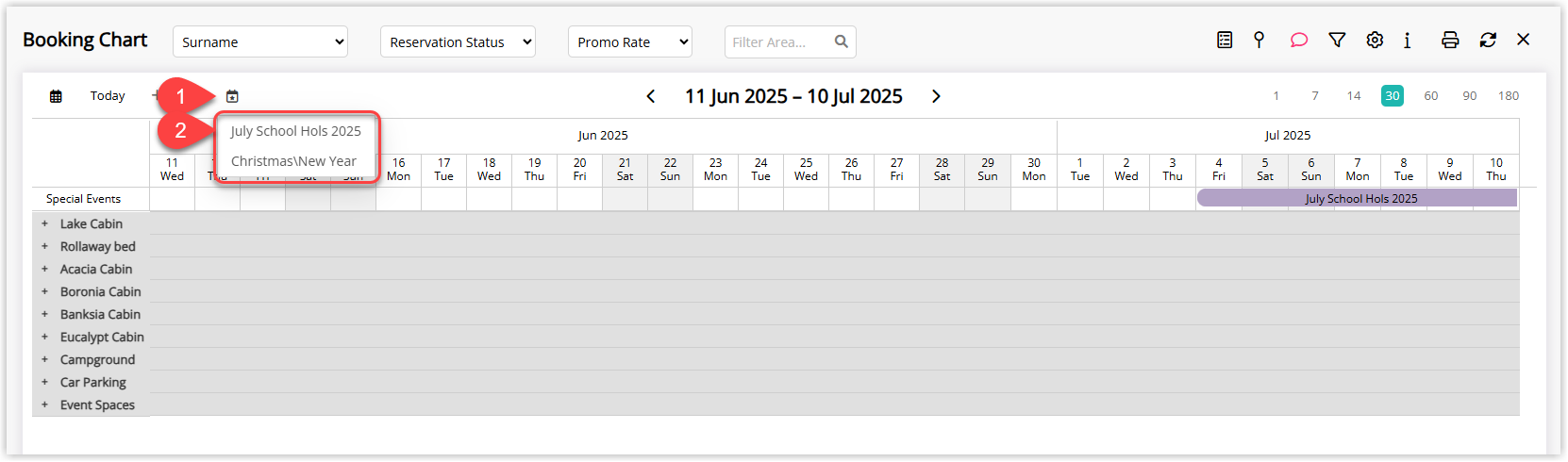 Annotated screenshot of the Booking Chart in RMS with the Special Events selector open and a special event displayed across the chart