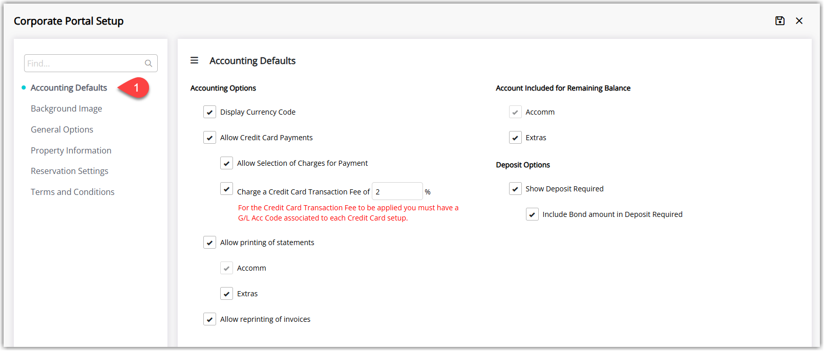 Corporate Portal setup screen on the Accounting Defaults section showing options for currency code display, credit card payments, charge selection, transaction fee, printing statements, reprinting tax invoices, account types in remaining balance, and deposit display settings