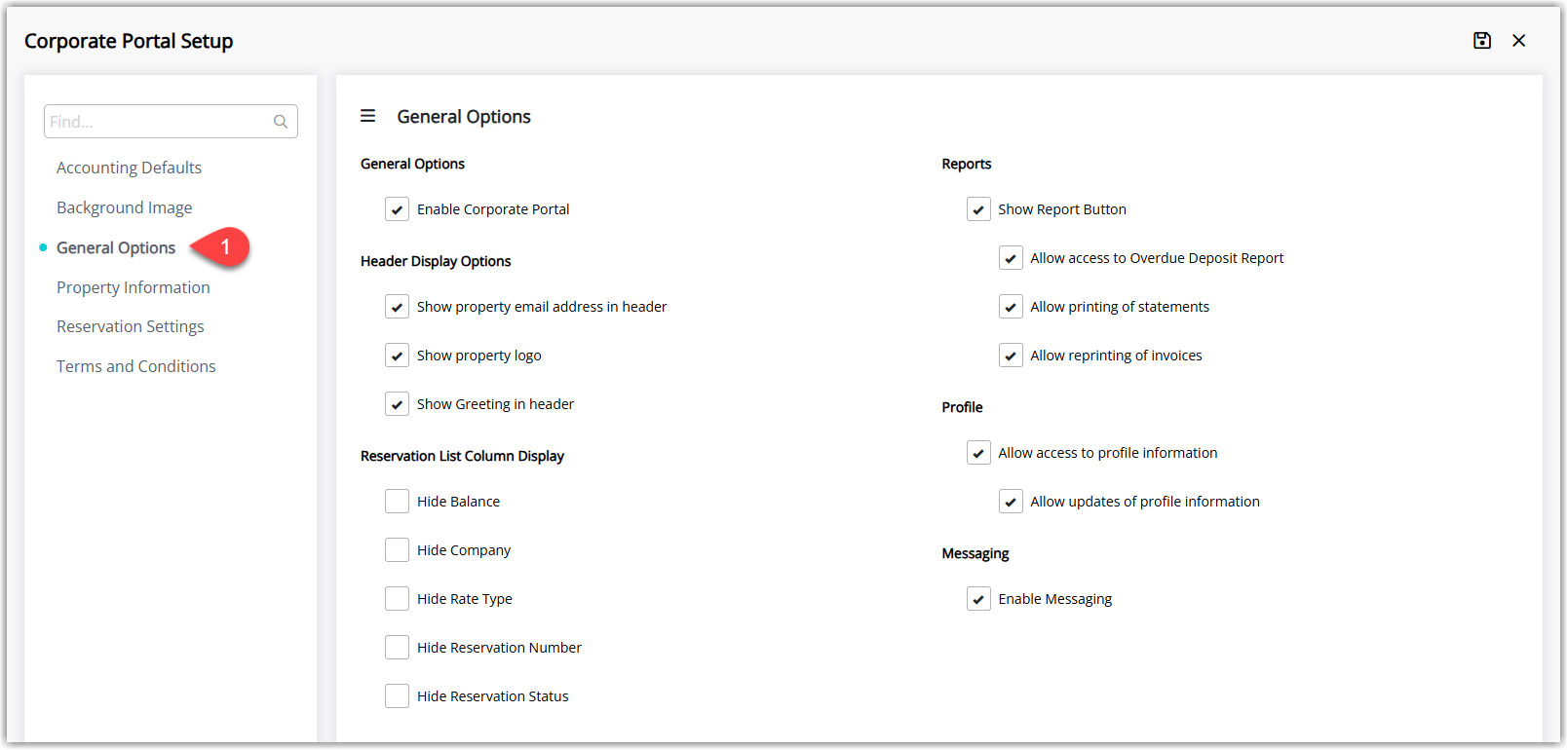 Corporate Portal setup screen on the General Options section with checkboxes to enable the portal, show property email, logo and greeting, hide or show balances and reservation details, and allow access to reports, profile information and messaging