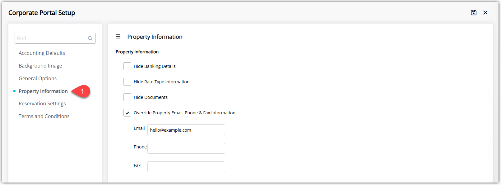 Corporate Portal setup screen on the Property Information section showing options to hide banking details, hide rate type information and documents, and override property contact email, phone and fax