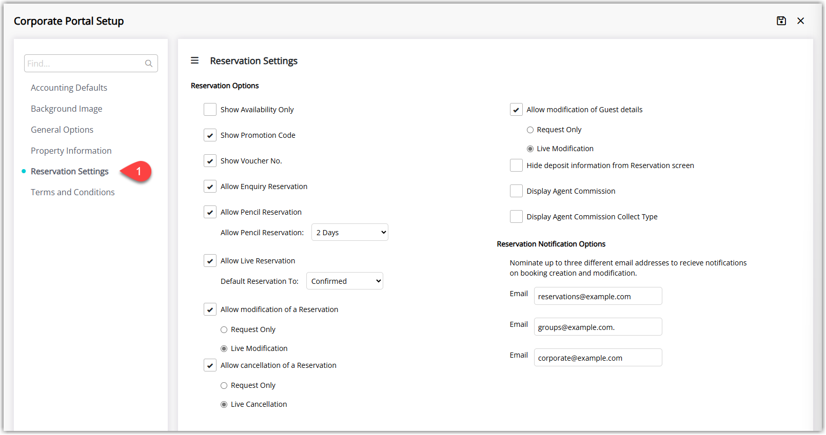 Corporate Portal setup screen on the Reservation Settings section showing options for availability only, promotion code, voucher number, enquiry and pencil reservations, live reservations, modification and cancellation permissions, guest detail changes, deposit display, agent commission display and reservation notification emails