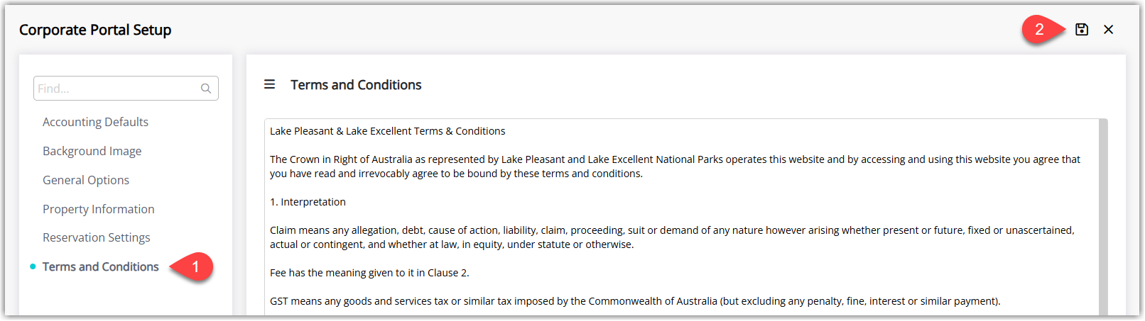 Corporate Portal setup screen with a Terms and Conditions text area used to define portal-specific terms shown to companies and agents