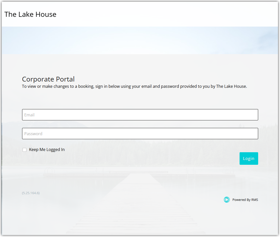 Corporate Portal login page showing client ID-based URL, email/username and password fields, and a Log In button