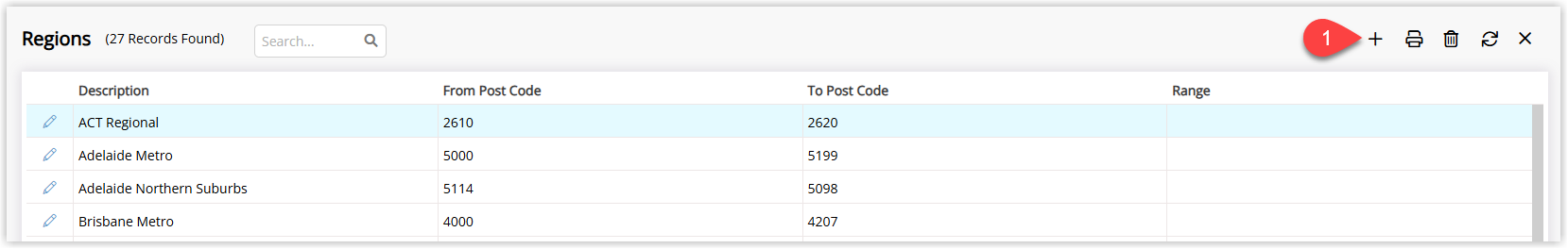 RMS Regions lookup table under Setup > Lookup Tables > Regions displaying a list of existing regions, with the Add button selected to create a new region for use in Guest by Region reporting.