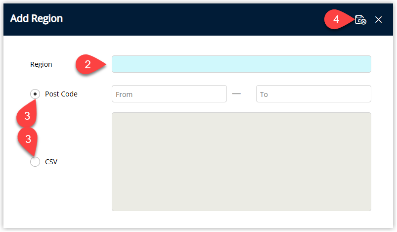 RMS Region entry window showing the Region description field completed and options to define the region using either a Post Code range with From and To values, or a CSV list of individual post codes, with Save/Exit selected to add the new region to the lookup table.