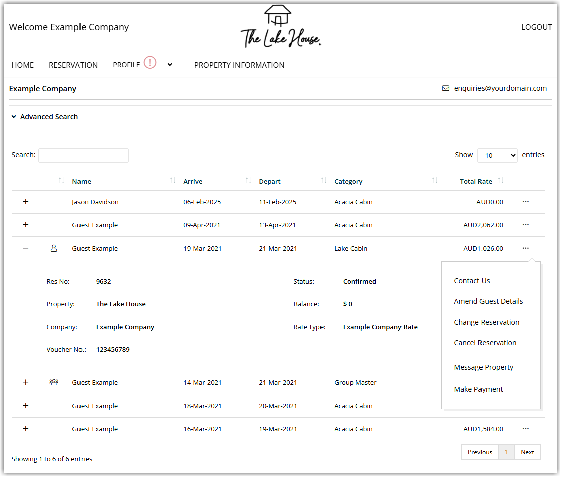 Corporate Portal home screen showing the logged-in company or travel agent name and a list of reservations and bookings available to that account