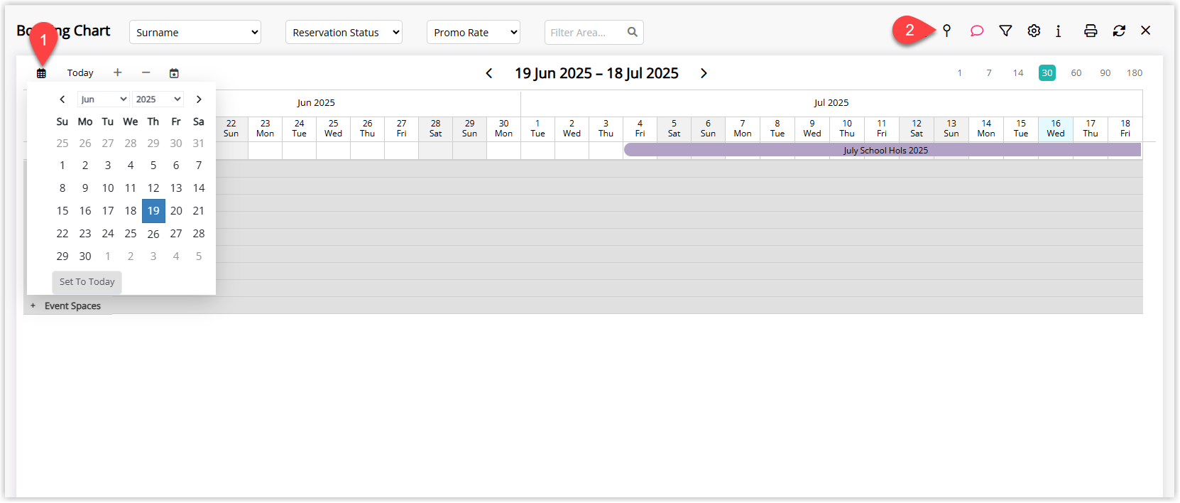 Annotated screenshot of the Booking Chart in RMS with the date picker open and the Set Position pin icon highlighted in the toolbar