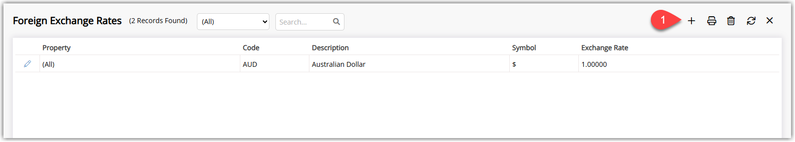 RMS Foreign Exchange Rates setup screen listing existing currencies with the Add button selected to create a new foreign exchange rate record.