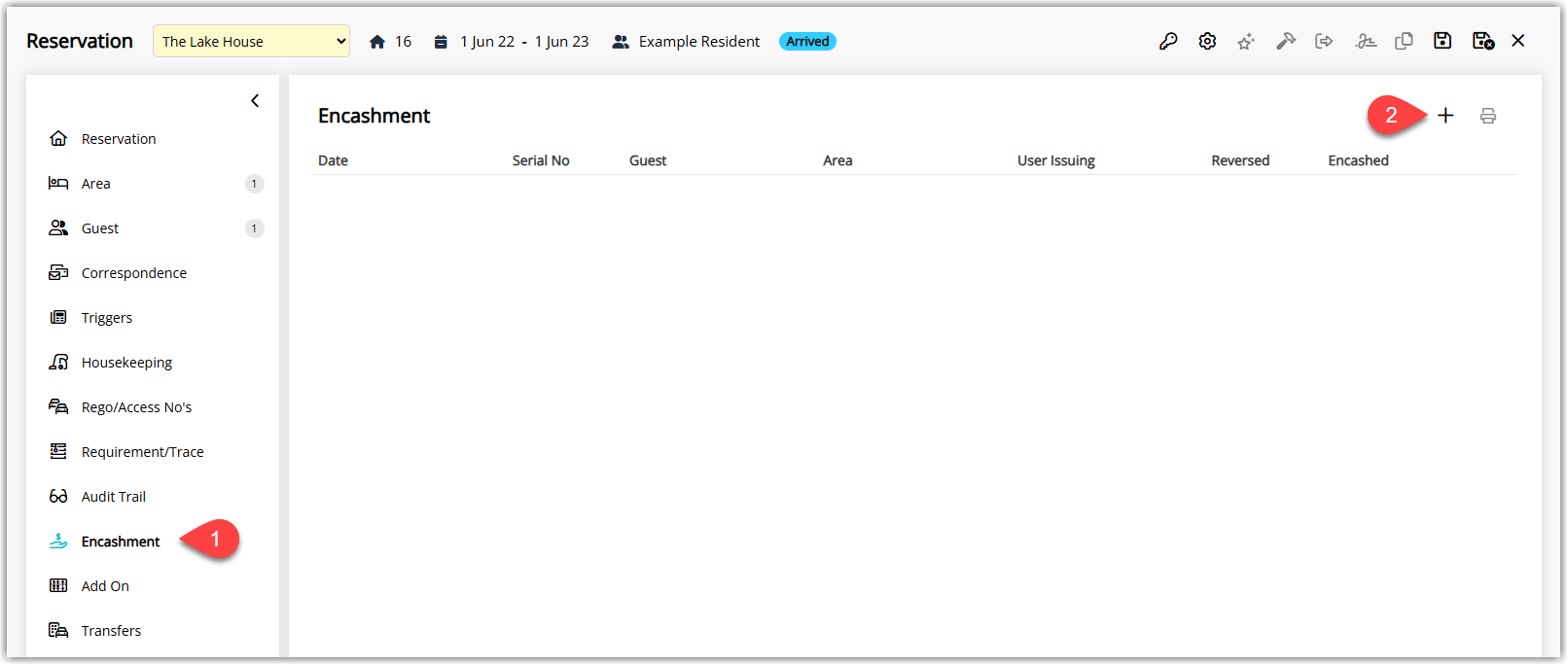 RMS reservation Encashment tab showing existing foreign currency records and the Create Certificate icon highlighted to start a new foreign currency exchange.