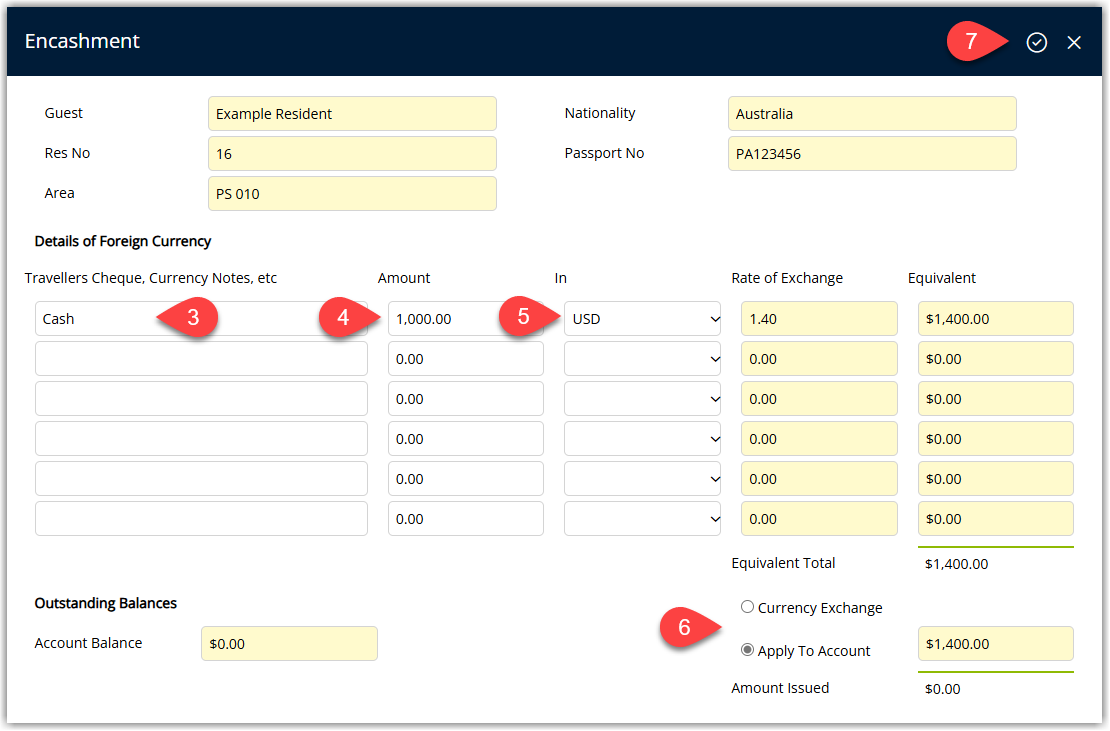 RMS Encashment window displaying fields for Foreign Currency Type, Foreign Currency Amount, Foreign Currency selection, and options for Currency Exchange or Apply to Account, with the Process icon highlighted.