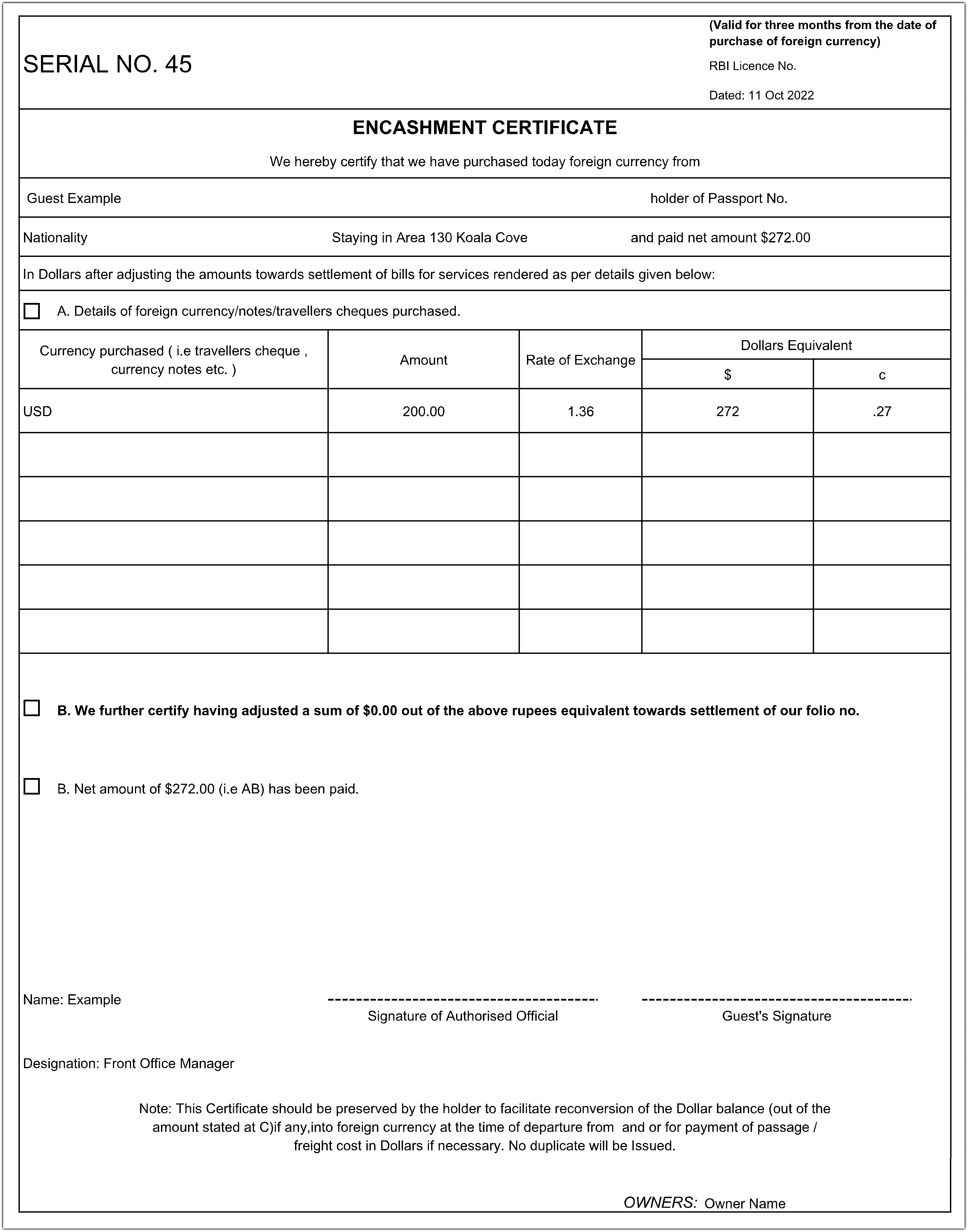 RMS print preview window displaying the generated Encashment Transaction Receipt or Encashment Certificate ready to be printed.