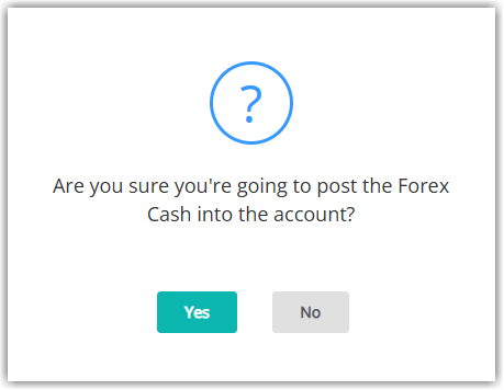 RMS confirmation dialog asking to confirm applying the foreign currency amount to the reservation account with Yes and No options.