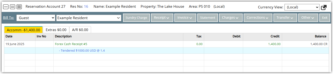 RMS reservation account transactions list showing a Forex Cash Receipt entry created for the exchanged foreign currency value.