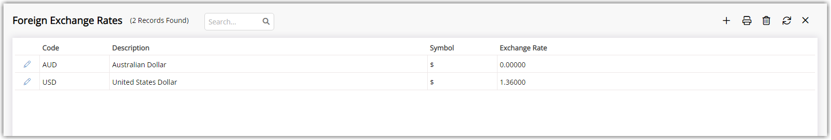 Foreign Exchange Rates setup screen in RMS listing each currency with its static exchange rate against the local currency