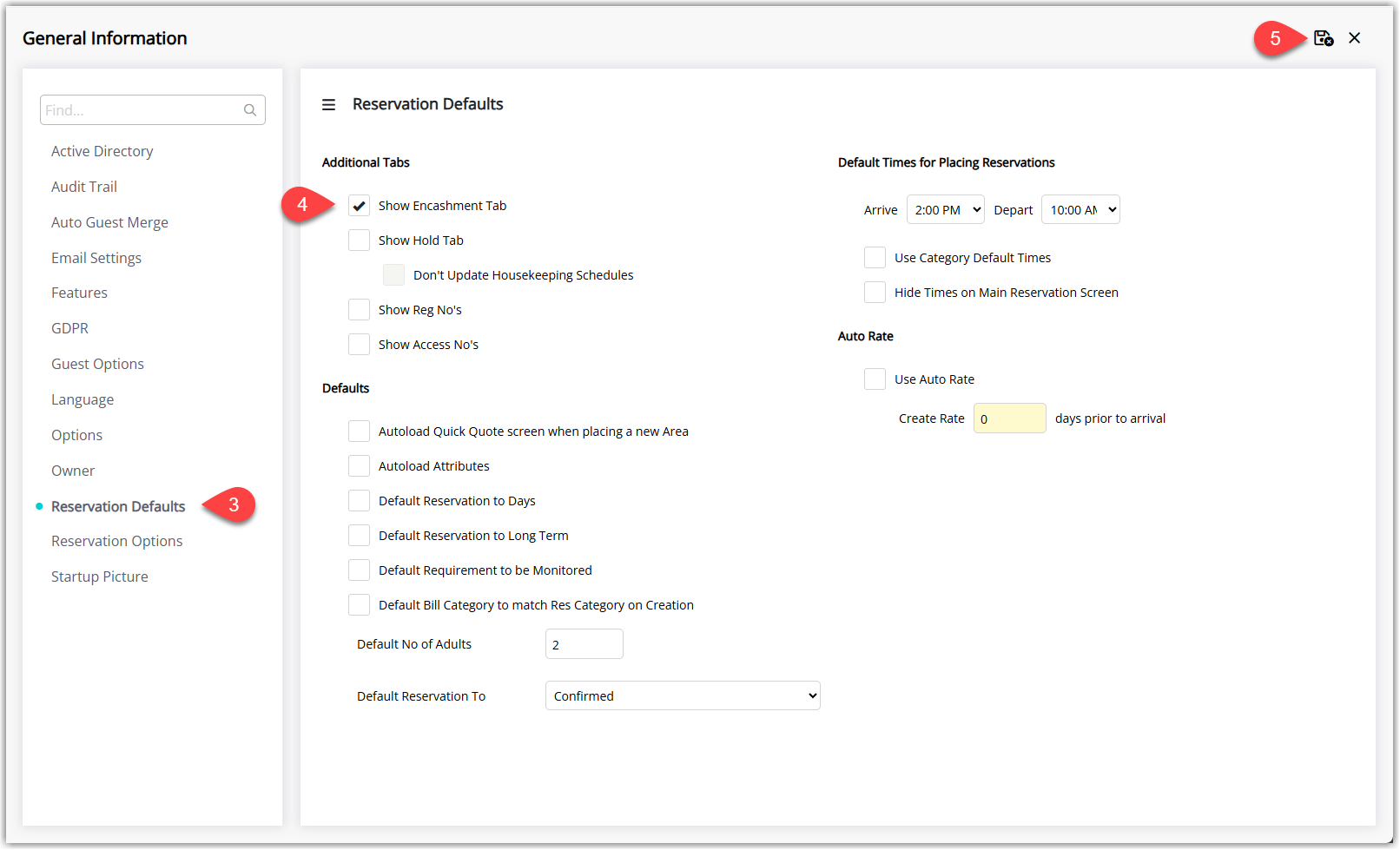 Property Options General Information screen on the Reservation Defaults tab with the Show Encashment Tab checkbox ticked and a Save/Exit button