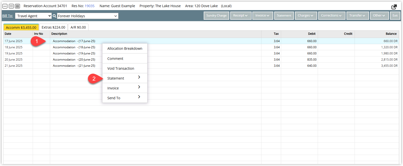 Annotated screenshot of the Reservation Account screen in RMS highlighting a transaction row and the Statement option in the right-click menu