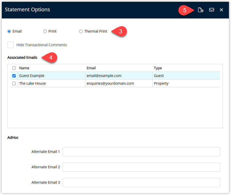 Annotated screenshot of the Statement Options dialog in RMS highlighting the delivery method options, the Associated Emails list, and the Create Statement icon