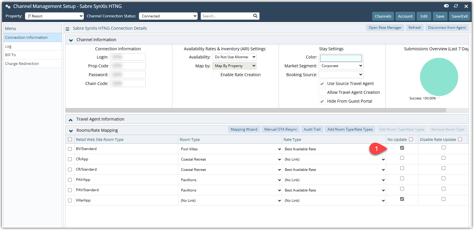 Channel Manager Room/Rate Mapping screen in RMS showing mapped Categories and Rate Types for an online channel, with a No Update checkbox or toggle highlighted to indicate whether RMS is sending rate and availability updates for that specific mapping.
