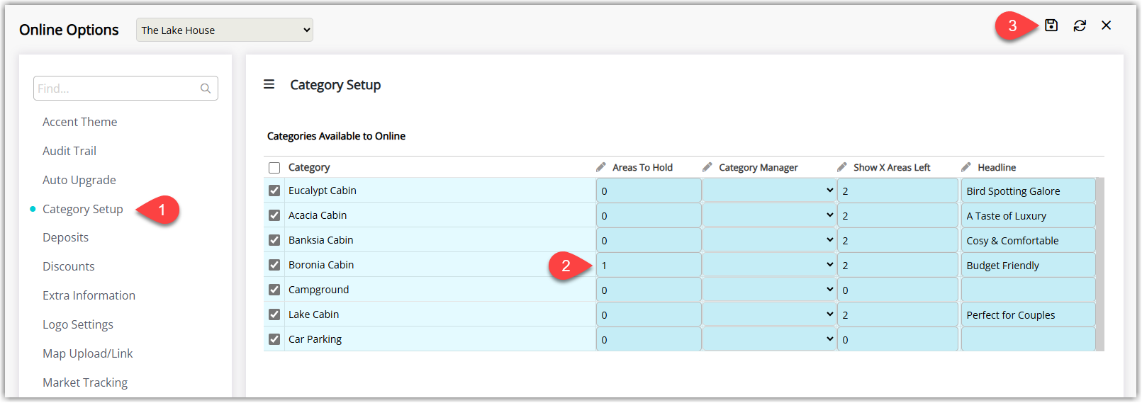 Online Options Category Setup screen in RMS showing a list of categories with a Hold Back Areas field where a value (for example, 1) can be entered to reduce online availability, and a Save/Exit button to apply the change.