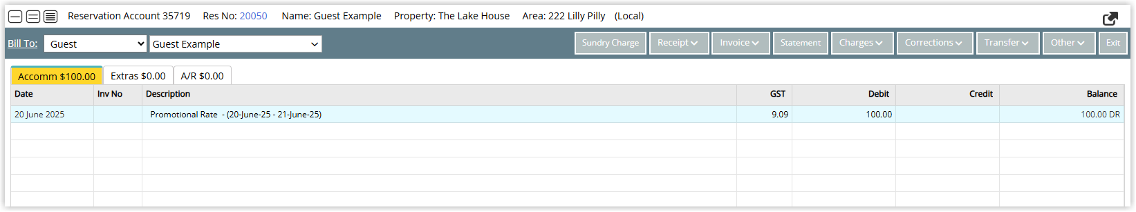 Screenshot of a reservation account in RMS showing a $100 tax-inclusive charge using Full GST with the GST amount shown as $9.09 and the net amount as $90.91.