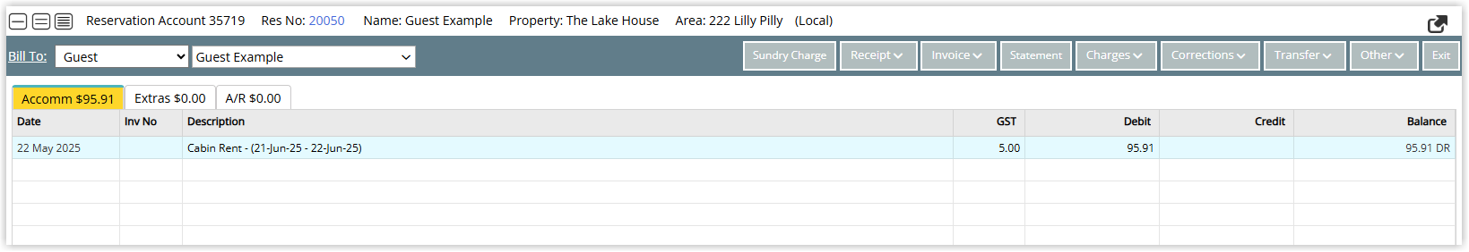 Screenshot of a reservation account in RMS showing a tax-inclusive charge using Concessional GST with the GST amount reduced according to the concessional percentage and displayed separately from the net amount.