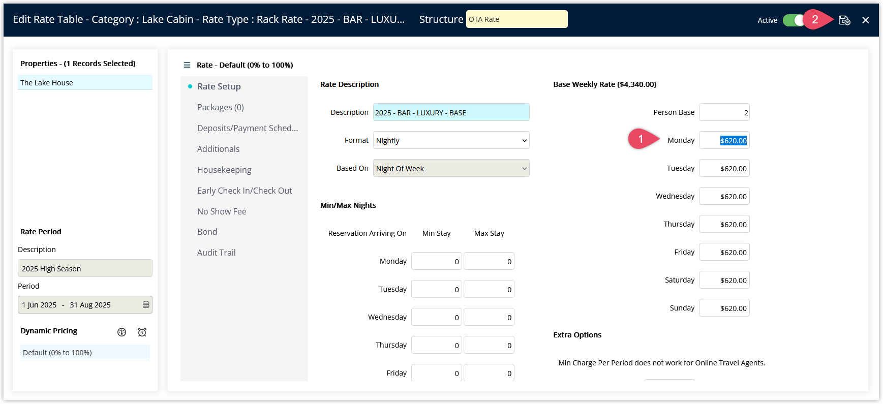 RMS Rate Lookup edit window showing date ranges and rate fields updated with new Rate Amounts, and the Save & Exit button highlighted to apply the pricing changes for future reservations and connected channels.