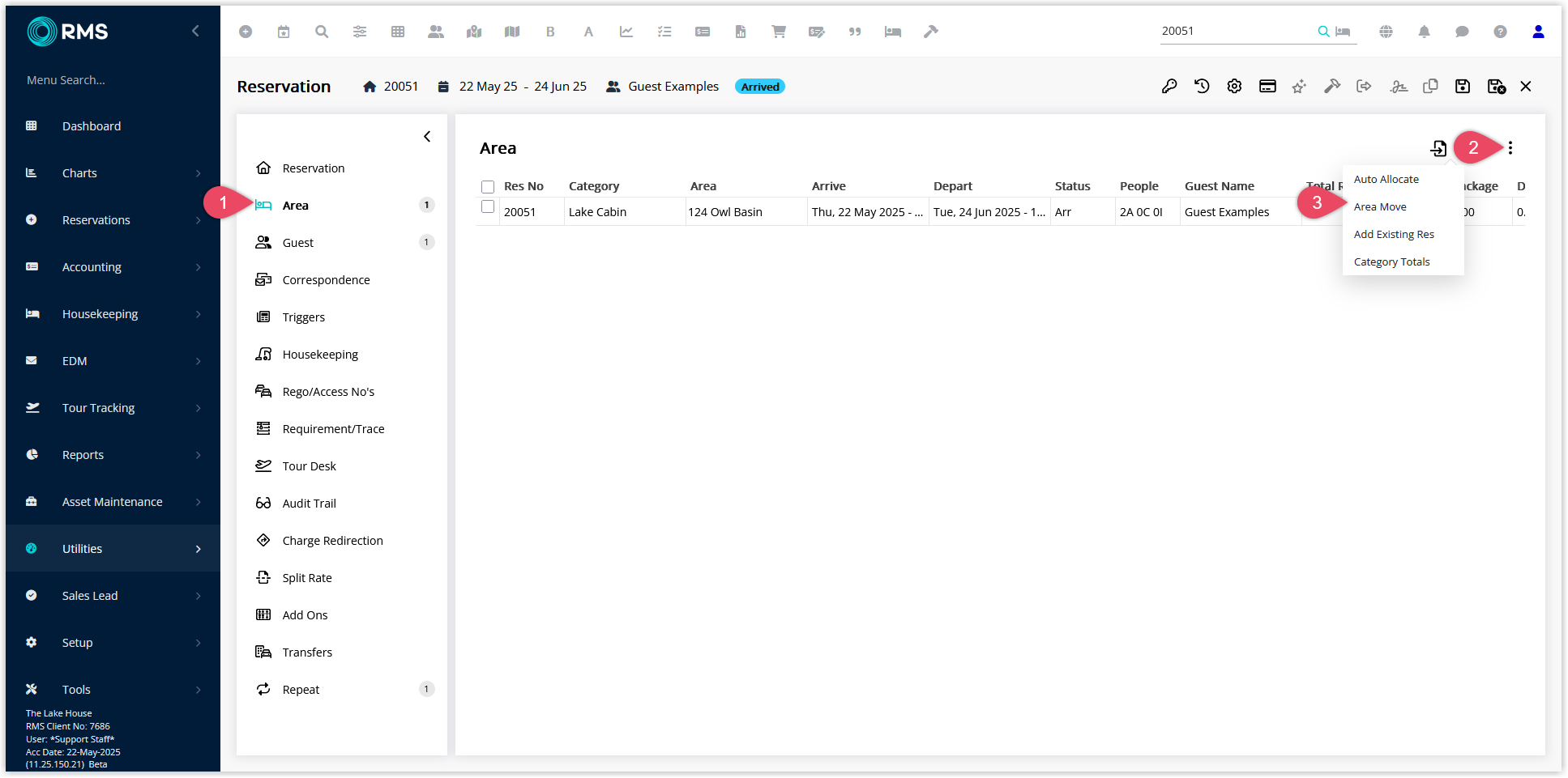 Screenshot of the Reservation Area panel in RMS showing the Options menu open with the Area Move option selected for a reservation in Arrived status