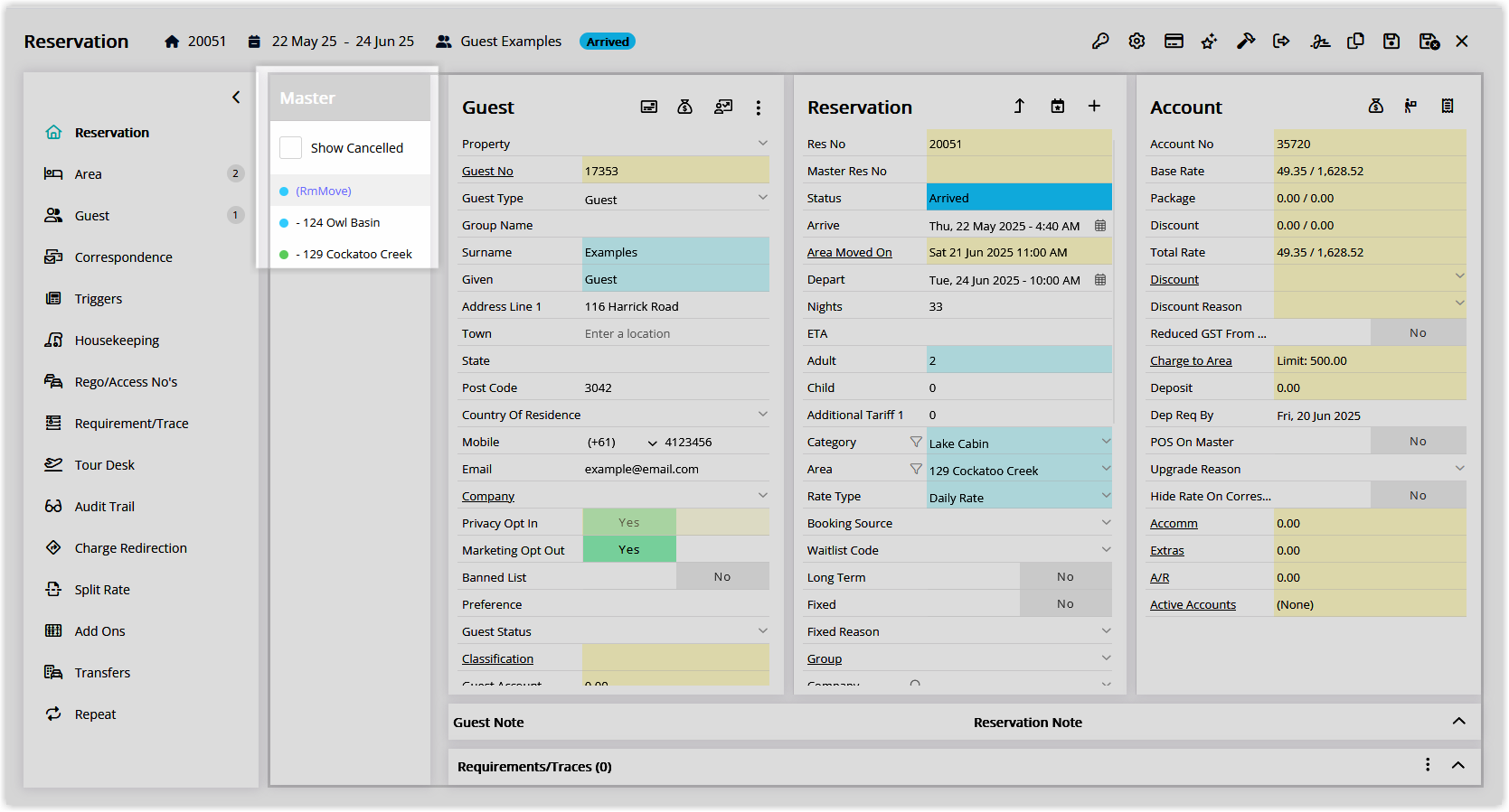 Screenshot of a Split Reservation in RMS showing the RmMove cover page in the Navigator Pane linking multiple reservation segments, each with its own Arrive Date and Depart Date for the selected areas.