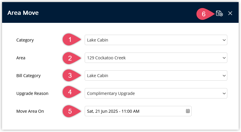 Screenshot of the Reservation Area Move window in RMS showing fields to select the Category, new Area, optional Bill Category and Upgrade Reason, along with the Area Move Date and Save/Exit button used to complete the move.