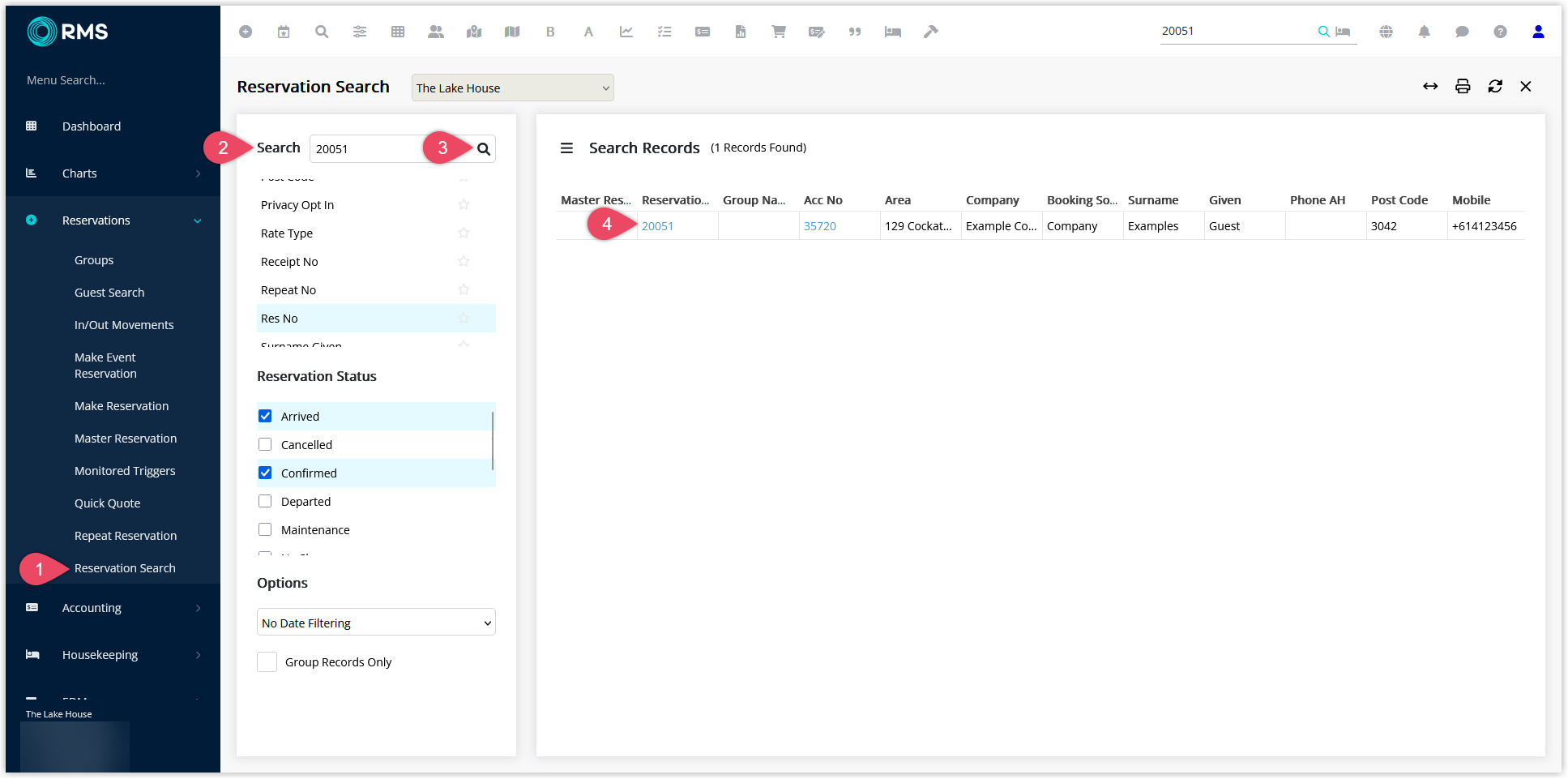 Reservation Search screen in RMS showing a list of matching reservations with columns like Reservation Number, Guest Name and Dates, and one reservation highlighted to open
