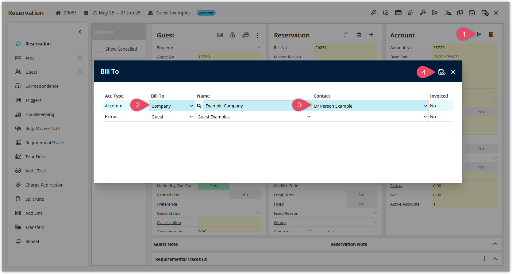 Reservation account screen displaying a Bill To field with a popup or dropdown where a Company, Travel Agent or Wholesaler account and Contact are selected, with a Save/Exit button to apply the billing change