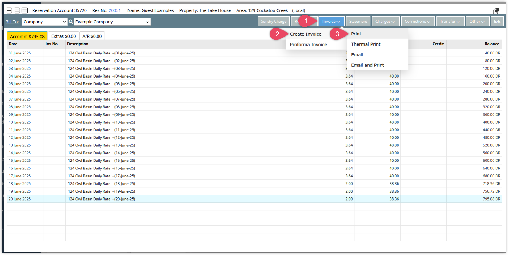 Account screen showing an Invoice menu or button, with a Create Invoice option selected and choices to Email, Print or both for the Tax Invoice