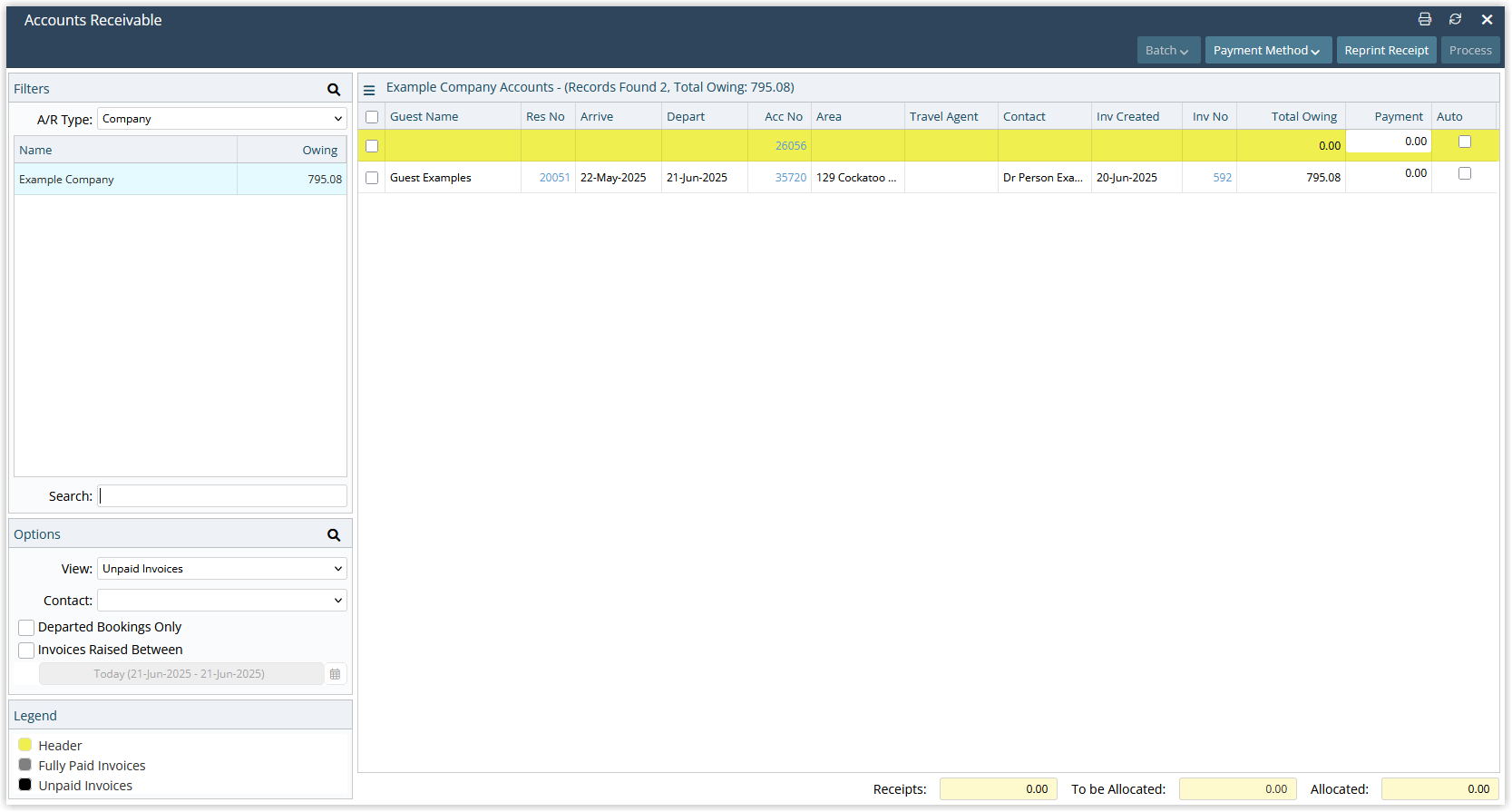 Accounts Receivable screen in RMS listing Outstanding Invoices for Companies, Travel Agents and Wholesalers, including the newly created Tax Invoice with its balance due