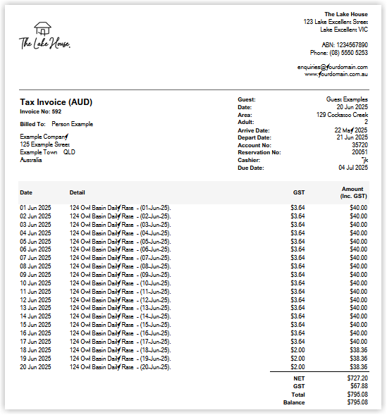 Preview of the generated Tax Invoice report displaying the company or travel agent details, guest and reservation information, itemised charges, tax breakdown and total amount due