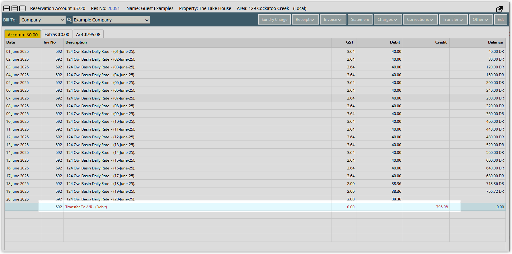 Reservation account transaction list showing a line with the Tax Invoice Number and a Transfer to A/R (Debit) entry indicating charges have been moved to the Accounts Receivable account